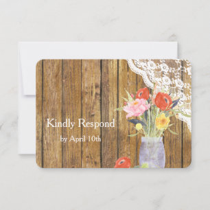 Lace Wood Mason Jar Mariage floral RSVP