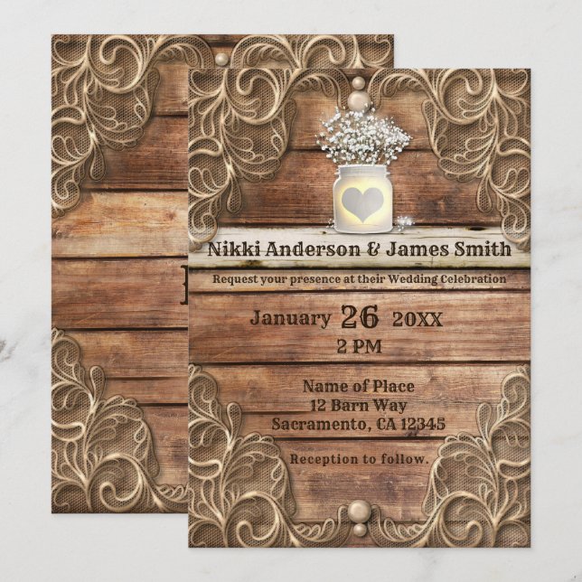 Lace Wood Rustic Vintage Western Elegant Wedding Invitation (Front/Back)