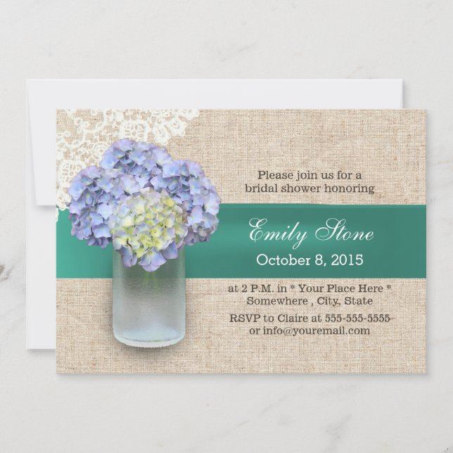 Laced Burlap Hydrangea & Mason Jar Bridal Shower Invitation (Front)