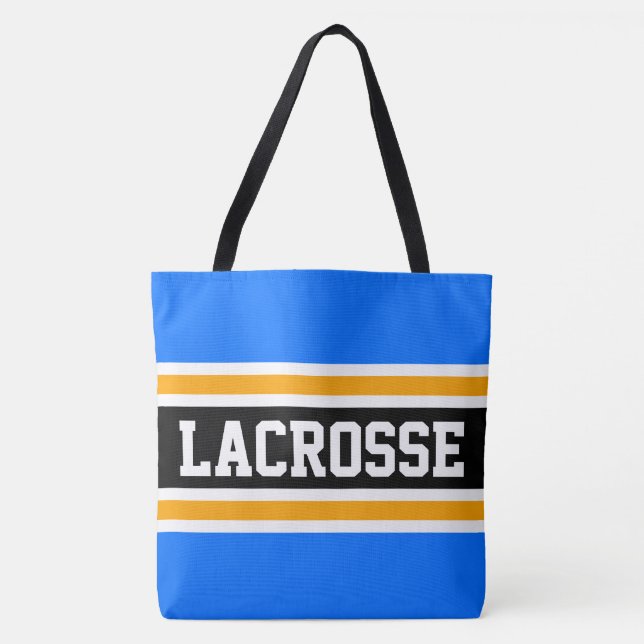 LACROSSE Athletic Bright Blue Black Yellow Stripes Tote Bag (Front)