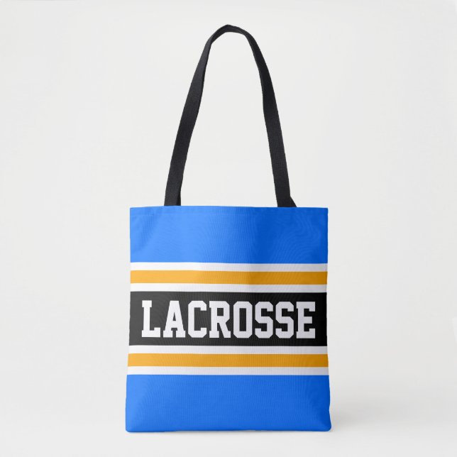LACROSSE Athletic Bright Blue Black Yellow Stripes Tote Bag (Front)