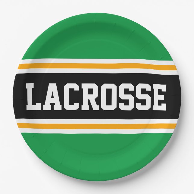 LACROSSE Bright Green Black Yellow Racing Stripes Paper Plate (Front)