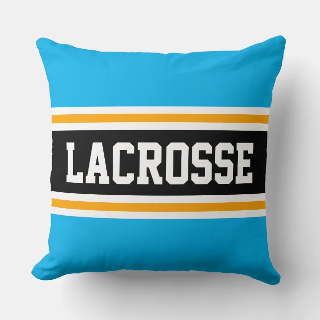 LACROSSE Bright Sky Blue Black Athletic Stripes Throw Pillow (Front)
