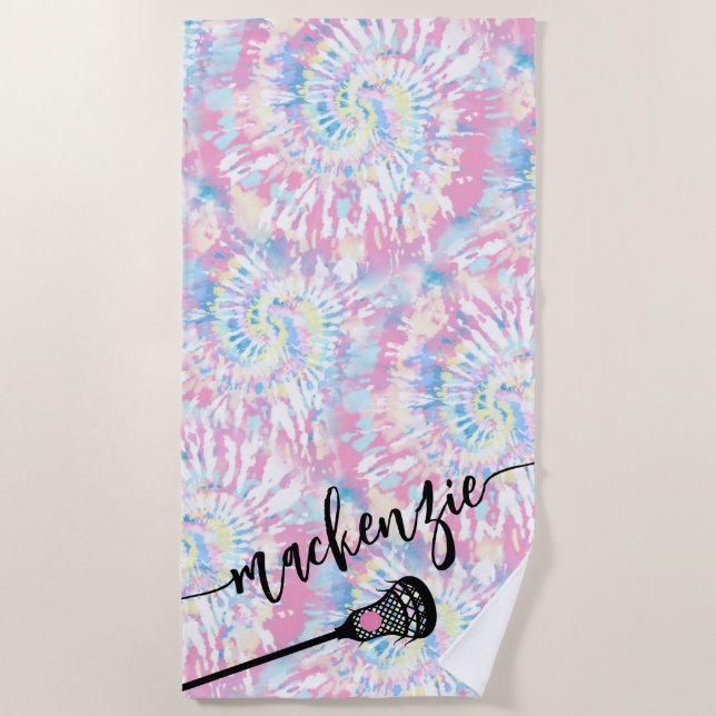 Lacrosse Girls Pink Tie Dye Personalized Beach Towel (Front)