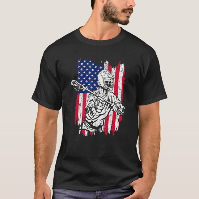 Lacrosse Lax Helmet And Sticks American Flag 4th O T-Shirt (Front)