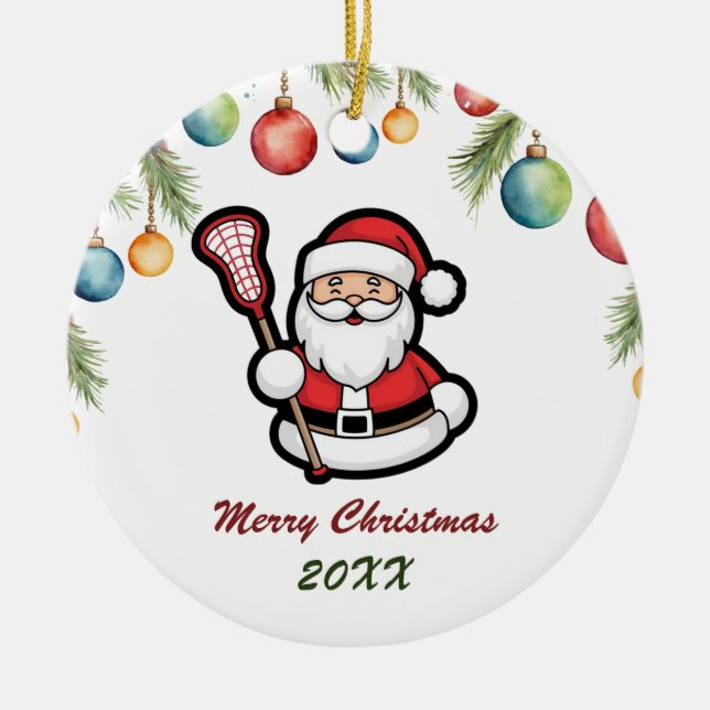 Lacrosse Merry Christmas Cute Santa Claus Custom Ceramic Ornament (Front)