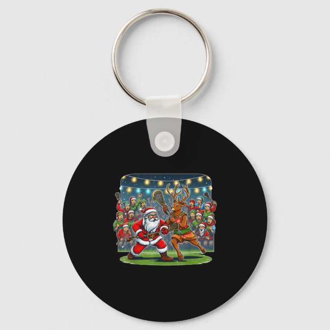 Lacrosse Player Christmas Santa Reindeer Playing L Keychain (Front)