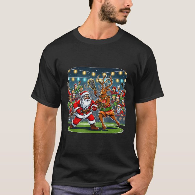 Lacrosse Player Christmas Santa Reindeer Playing L T-Shirt (Front)