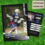 Lacrosse Player Trading Card in Black Blue<br><div class="desc">Introducing the Lacrosse Player Trading Card in Black Blue – where tradition meets innovation, and every detail tells a story of passion and dedication on the field. On the front, customize your hero's journey with the team name, player's full name, position, and that iconic uniform number. It's a bold statement...</div>