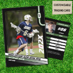 Lacrosse Player Trading Card in Black Green<br><div class="desc">Introducing the Lacrosse Player Trading Card in Black Green – a vibrant ode to the champions of the lacrosse field! On the front, customize your hero's journey with the team name, player's full name, position, and that iconic uniform number. It's a testament to the bond between player and team, forged...</div>