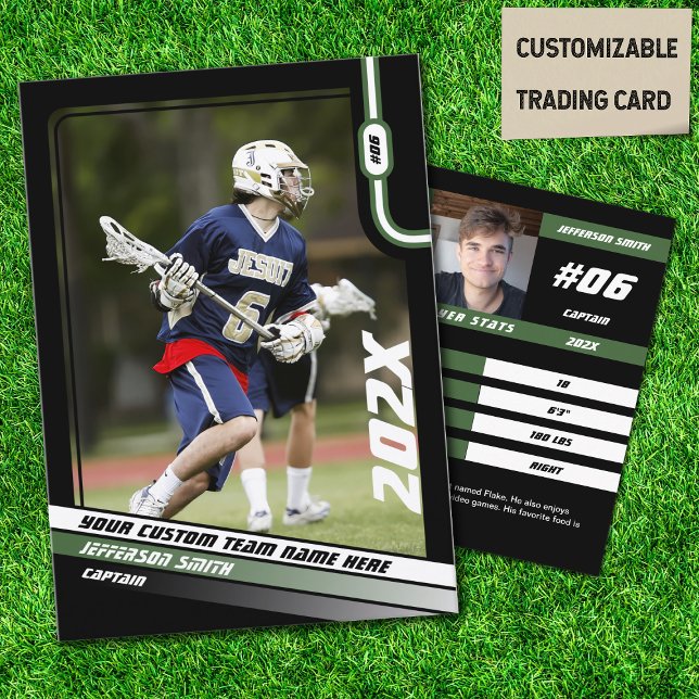 Lacrosse Player Trading Card in Black Green (Lacrosse Player Trading Card in Black with Custom Team Name and Green White Elements)
