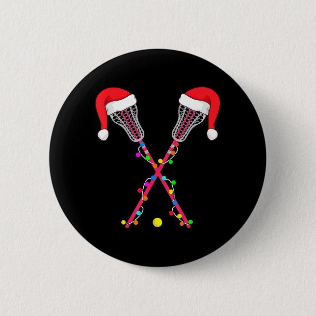 Lacrosse Santa Hat Christmas Lights Fun Sport Xmas 2 Inch Round Button (Front)