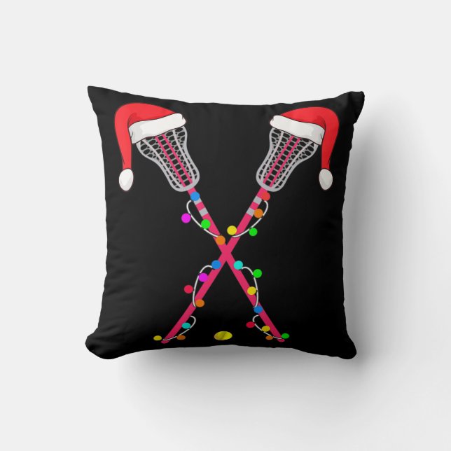 Lacrosse Santa Hat Christmas Lights Fun Sport Xmas Throw Pillow (Front)