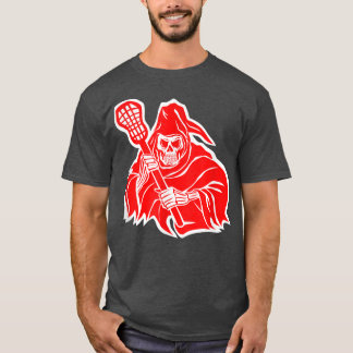 Lacrosse Sports Skeleton Funny Spooky Red and Whit T-Shirt