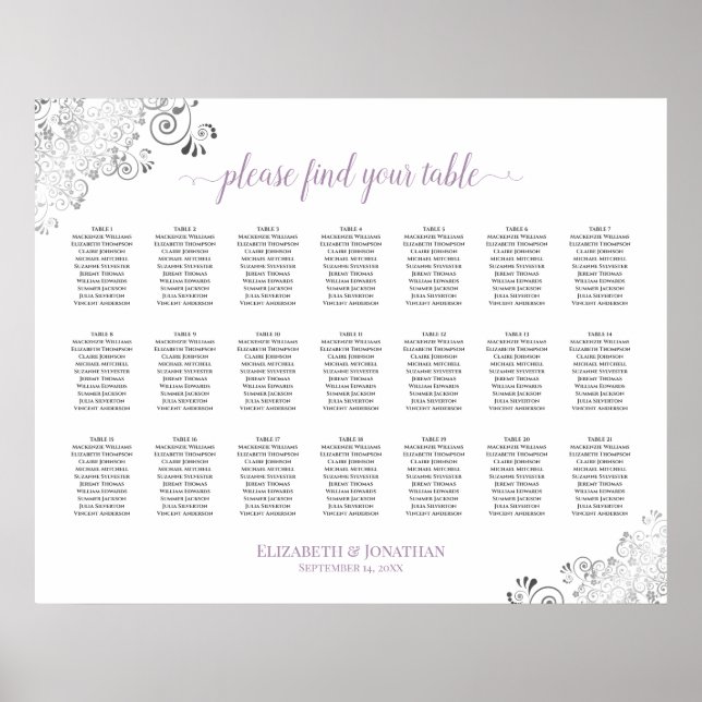 Lacy 21 Table Wedding Seating Chart White Lavender (Front)