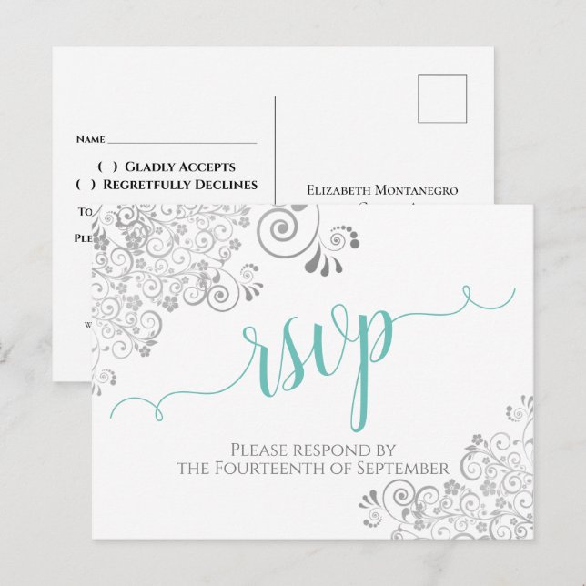 Lacy Aqua Calligraphy on White Wedding RSVP Postcard (Front/Back)