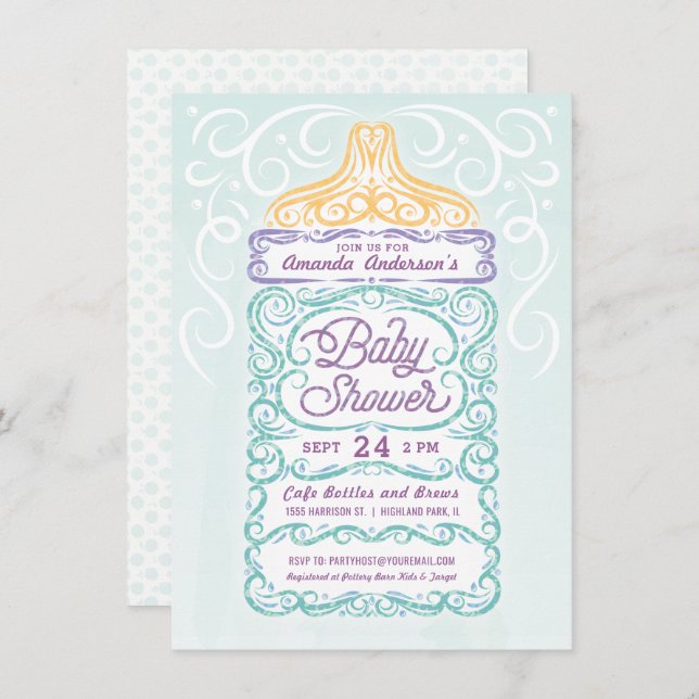Lacy Baby Bottle Gender Neutral Shower Invitation (Front/Back)