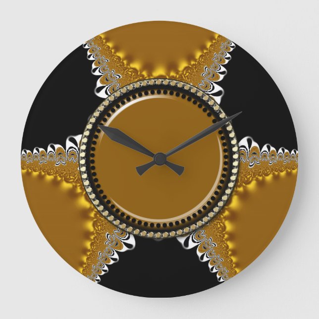 Lacy Black & Golden Fractal Satin Wall Clock (Front)