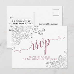 Lacy Calligraphy Dusty Rose White Wedding RSVP Postcard