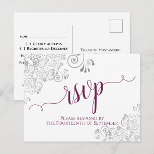 Lacy Calligraphy Magenta & White Wedding RSVP Postcard