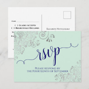 Lacy Calligraphy Navy Blue on Mint Wedding RSVP Postcard