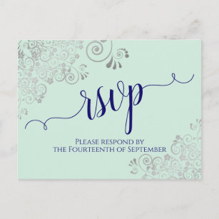 Lacy Calligraphy Navy Blue on Mint Wedding RSVP Postcard