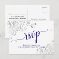 Lacy Calligraphy Navy Blue on White Wedding RSVP