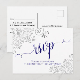 Lacy Calligraphy Navy Blue on White Wedding RSVP Postcard