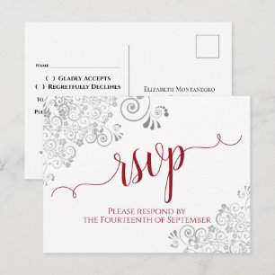 Lacy Calligraphy Red & White Wedding RSVP Postcard