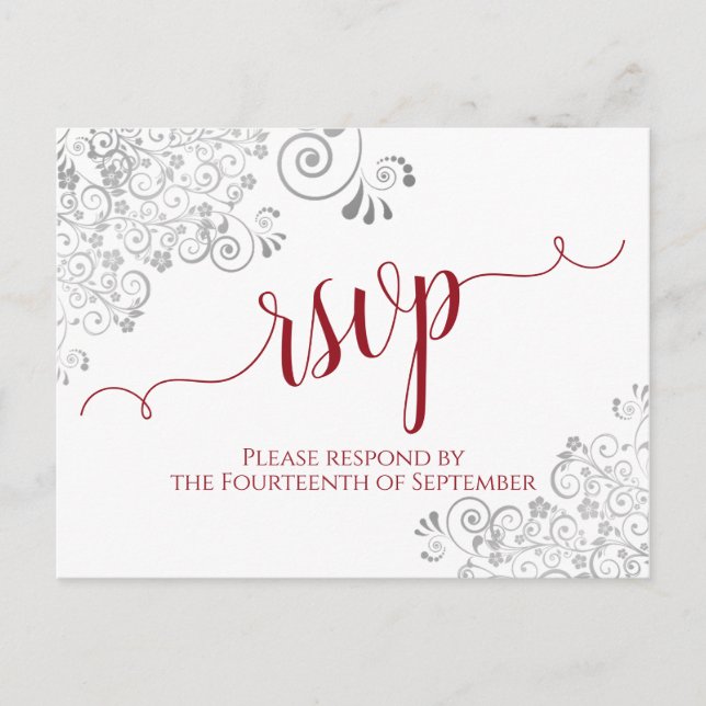 Lacy Calligraphy Red & White Wedding RSVP Postcard (Front)