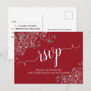 Lacy Calligraphy & Silver Frills Red Wedding RSVP Postcard