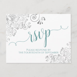 Lacy Calligraphy Teal & White Wedding RSVP Postcard
