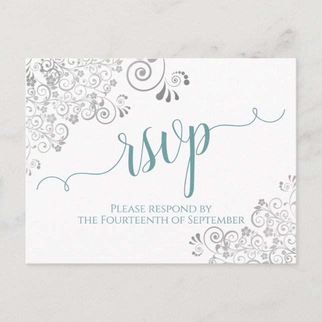 Lacy Calligraphy Teal & White Wedding RSVP Postcard (Front)