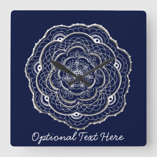 Lacy Crochet Look Doily Hand Drawn Flower Doodle Square Wall Clock