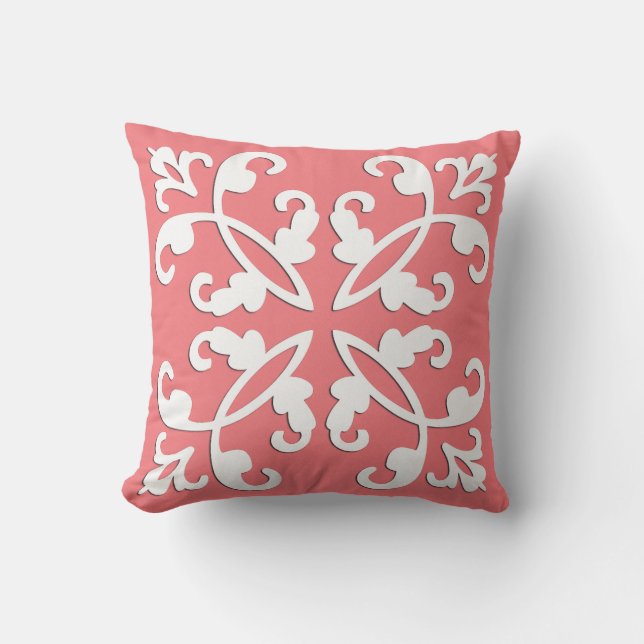 Lacy cutwork - white over azalea pink throw pillow (Front)