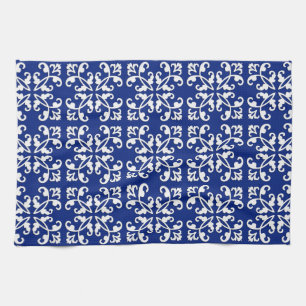 Lacy cutwork - white over lapis blue kitchen towel