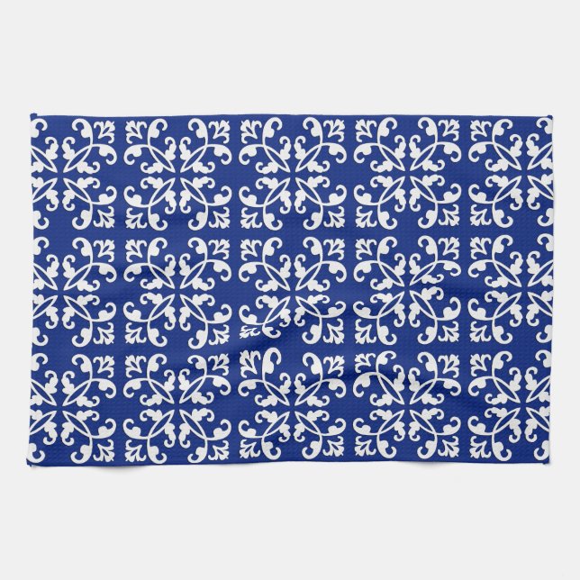 Lacy cutwork - white over lapis blue kitchen towel (Horizontal)