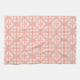 Lacy cutwork - white over peach swiss dots kitchen towel