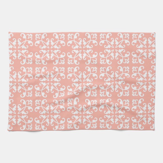 Lacy cutwork - white over peach swiss dots kitchen towel (Horizontal)