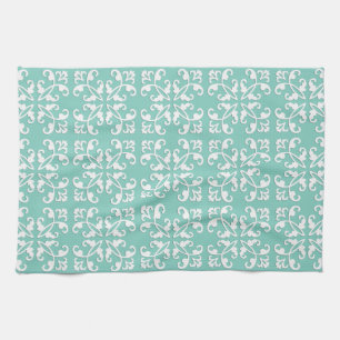 Lacy cutwork - white over seafoam green kitchen towel
