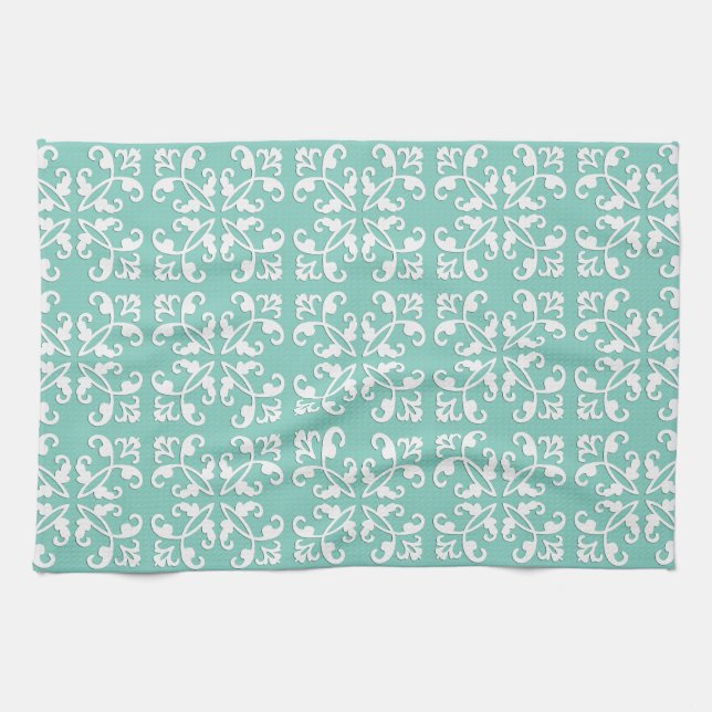 Lacy cutwork - white over seafoam green kitchen towel (Horizontal)