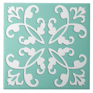 Lacy cutwork - white over seafoam green tile