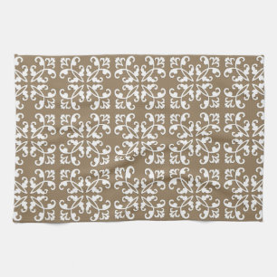 Lacy cutwork - white over taupe tan kitchen towel