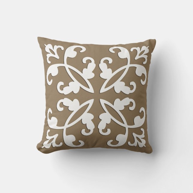 Lacy cutwork - white over taupe tan throw pillow (Front)