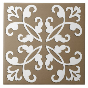 Lacy cutwork - white over taupe tan tile