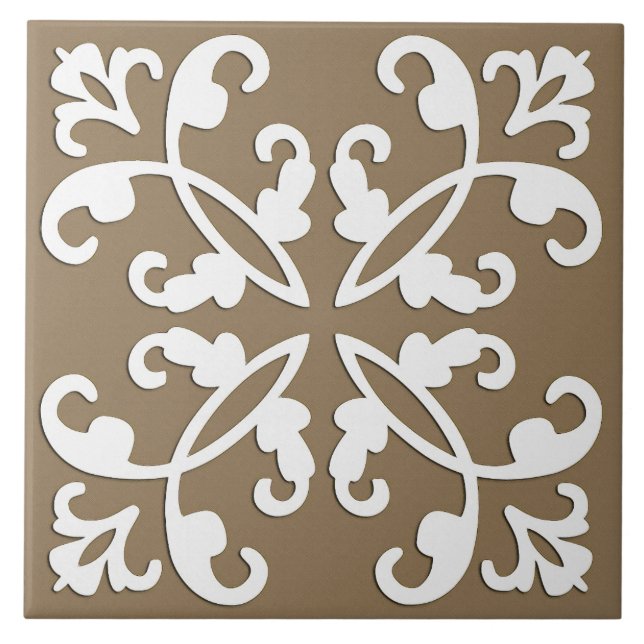 Lacy cutwork - white over taupe tan tile (Front)