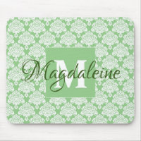 Lacy Damask Feminine Green & White Monogram & Name