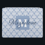 Lacy Dusty Blue Damask Monogram & Name Feminine iPad Pro Cover<br><div class="desc">This beautiful iPad case features a classic white damask pattern over a light blue grey background. The design is personalized with a monogram initial letter as well as a customizable name. Perfect for work or school, or any woman who wants a pretty feminine case with a simple yet elegant design....</div>