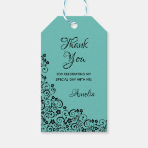 Lacy Floral Quinceañera Blue and Black Gift Tags