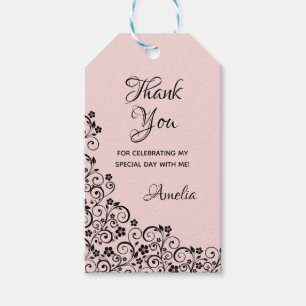 Lacy Floral Quinceañera Blush Pink and Black Gift Tags